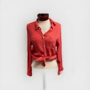 Vintage Chicos Design Textured Silk Button Down Coral Shirt Size 2 Large Classic